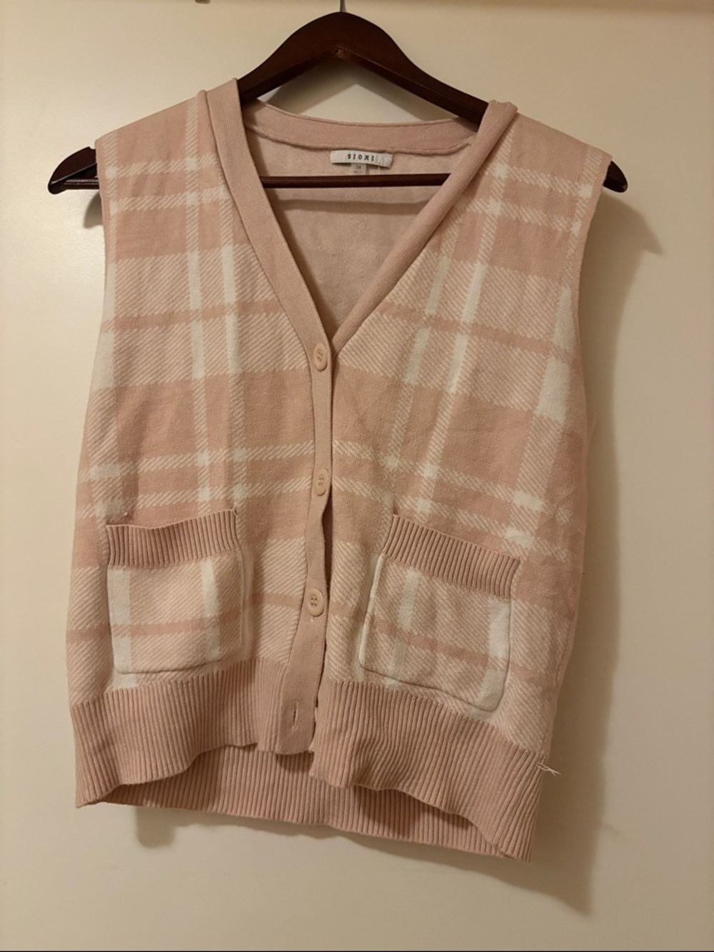 Sioni Blush Pink Plaid Button-Front Knit Vest